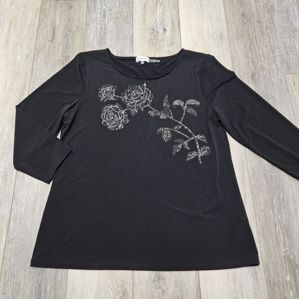 Calvin Klein Rhinestone Floral 3/4 Sleeve Blouse Black Silver Women's Medium